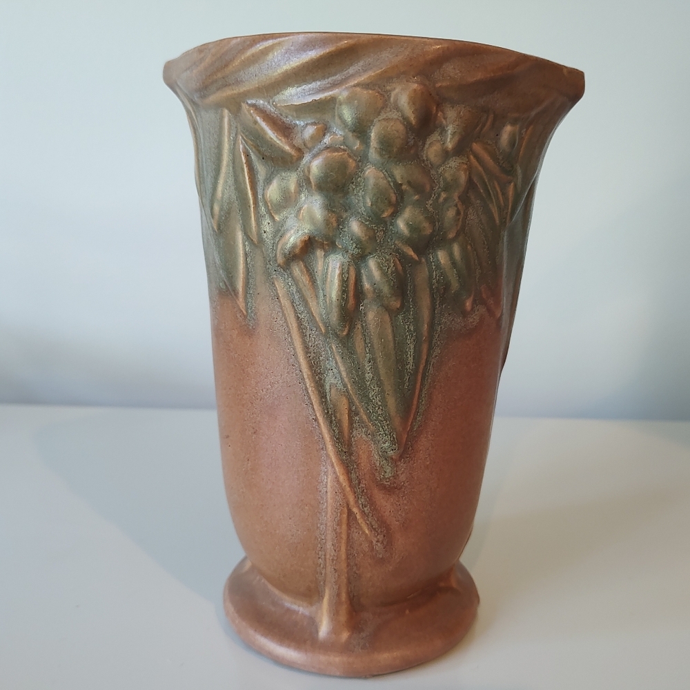 McCoy Pottery Vintage Matte Leaves And Berries Vase Brown And Green 1930s
